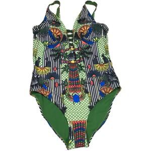 Nicole Miller Swimsuit Green Zebra Print Strappy One Piece Women 12 Egyptian NWT